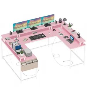 U Shaped Desk, 79 Inch Large Corner Office Desk with Monitor Stands, Reversible L Shaped Computer Gaming Desk with Power Outlets & LED Lights,U Shaped Gaming Desk (Deep Pink)