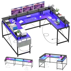 U Shaped Desk, 79 Inch Large Corner Office Desk with Monitor Stands, Reversible L Shaped Computer Gaming Desk with Power Outlets & LED Lights,U Shaped Gaming Desk,Black Willow