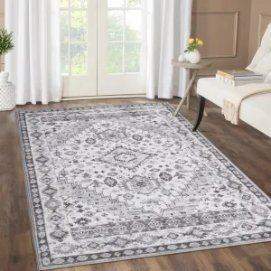 Large Area Rug 9x12 Boho Rug Non-Slip Washable Low-Pile Bedroom Mat Floor Accent Carpet Soft Foldable Distressed Rug for Bedroom Living Room, 9’x12’, Boho Grey