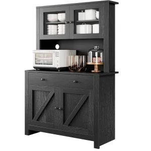 41" Kitchen Pantry Cabinet Large Storage Hutch, Wood Buffet Cupboard with 3 Adjustable Shelves & 2 Drawers, Modern Farmhouse China Display Cabinet, Black