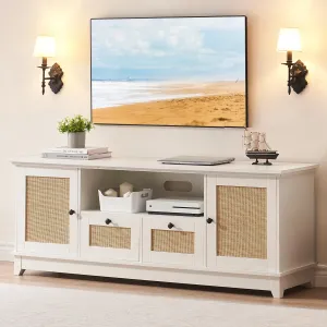 Modern Rattan TV Stand for 65+ Inch TV, MDF Wood, Adjustable Shelves, Cable Management, 2 Drawers, Living Room