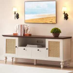 TV Stand for 65+ Inch TV, Modern Rattan Entertainment Center, MDF Wood, Storage & Mesh Door, Adjustable Shelves, Living Room