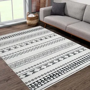 Boho Black & White 8x10 Moroccan Rug, Geometric Pattern, Non-Slip, Water Resistant, Polyester, Washable, Living Room, Bedroom, Dining