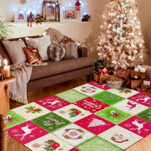 Washable Area Rug 6x9 Rug Christmas Living Room Rug Xmas Decor Santa Claus Tree Wreath Deer Patchwork Non Slip Soft Bedroom Rug Low Pile Stain Resistant Carpet for Nursery Office 6'x9'