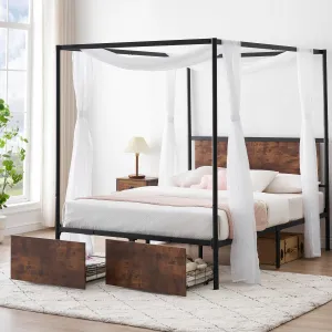Queen Size Canopy Bed Frame + 2 Storage Drawers + Four-Poster Design + Metal & Wood + Headboard + Wooden Slats + Modern & Traditional Decor