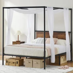 Full Size Canopy Bed Frame + Four-Poster Metal Design + Wooden Slats Support + Storage Space + Easy Assembly + White Finish + Modern Home Decor