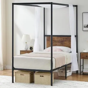 Twin Size Canopy Bed Frame with Headboard, Four-Poster Platform Metal Bed Frame with Storage, Mattress Foundation with Wooden Slats Support, No Box Spring Needed, Easy Assembly, Black and Brown