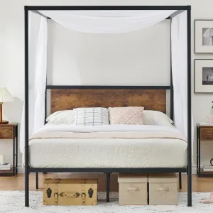 Queen Canopy Bed Frame, Industrial Metal Four-Poster with Headboard, Wooden Slats, Storage, No Box Spring, Easy Assembly