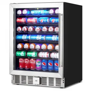5.1 Cu.ft Beverage Refrigerator – 166 Can Capacity, Adjustable Temperature, Under Counter Design, Quiet LED Small Cooler