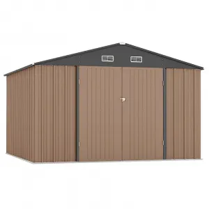 12x10 FT Metal Outdoor Storage Shed Steel Utility Tool Shed Lockable Doors Galvanized Steel Ventilated Sloped Roof Brown Garden Patio Backyard