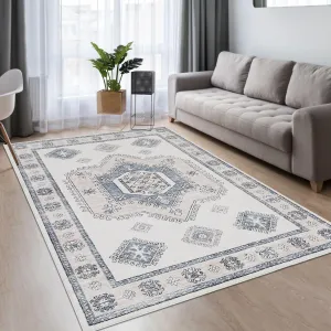 Area Rug 4x6 Washable Rug Tribal Medallion Area Rug Non Slip Non Shedding Indoor Floor Carpet Lightweight Foldable Accent Rug for Dining Room Home, Beige