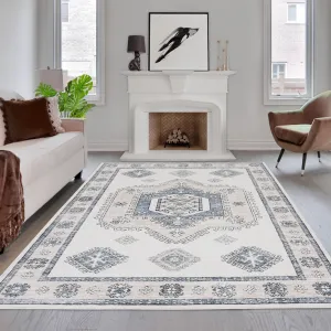 Area Rug 9x12 Distressed Boho Rug Vintage Tribal Medallion Large Rug Non Slip Washable Rug Accent Rug for Living Room Dining Room Office, Beige
