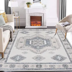 Ultra-Thin Washable Rug 5x7 Non-Slip Rug Indoor Medallion Distressed Floor Carpet for Living Room Bedroom Oriental Floral Throw Carpet Non-Shedding Foldable Low Pile Floor Cover Boho Beige