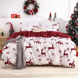 Christmas Duvet Cover Queen, Soft Brushed Microfiber Comforter Cover Sets, Reindeer Printed Holiday Theme Bedroom Decorative Bedding (Queen Size, Red Plaid Deer)