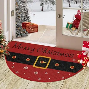 Christmas Welcome Floor Doormat Half Round Door Mat Indoor Entrance Mat Absorbent Doormats Area Rugs Non-Slip Semi Circle Floor Mats for Home Kitchen Outdoor 17x29 Inch Red
