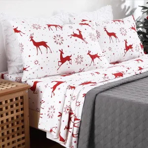 Christmas Sheets Queen, 100% Cotton Flannel Holiday Bed Sheet Set, Deep Pocket Fitted Sheet, Soft Warm Brushed Christmas Sheet (Queen Size, Red Christmas Deer)