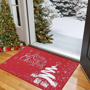 Christmas Doormat Xmas Holiday Decorative Christmas Tree Snowflake and Gift Pattern Welcome Mat for Home Decoration Non Slip Door Mat Outdoor Indoor Entrance Floor Mat, Red, 17x29 Inch