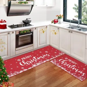 Christmas Kitchen Rug Sets Holiday Merry Christmas and Snowflake Kitchen Mat 2 Pieces Non-Slip Doormat Area Runner Rug Set Floor Mat for Home Decoration, 17"x29"+17"x47"