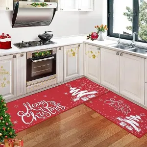 Christmas Kitchen Rug Xmas Holiday Christmas Tree Snowflake and Gift Kitchen Mat Sets 2 Pieces Non-Slip Doormat Area Runner Rug Set Floor Mat for Home Decoration, 17"x29"+17"x47"