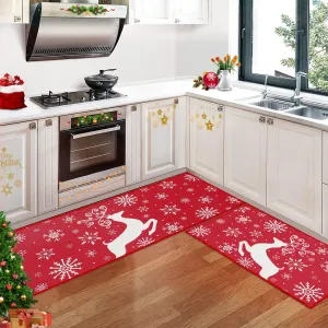 Christmas Kitchen Rug Sets Xmas Holiday Snowflake and Christmas Deer Kitchen Mat 2 Pieces Non-Slip Decorative Doormat Area Runner Carpet Set Floor Mat for Home Decoration, 17"x29"+17"x47"