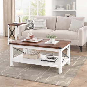 Farmhouse Coffee Table with 2-Tier Industrial Wood Design, X Metal Frame, Easy Assembly, Rustic Center Table for Living Room