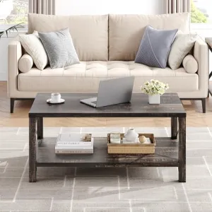 Farmhouse Rectangle Coffee Table | 2-Tier Industrial Wood | Rustic Center Table | X Metal Frame | Easy Assembly | Living Room