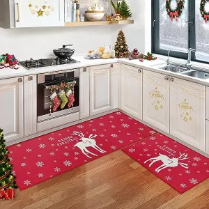 Christmas Decorative Kitchen Rugs and Mats Washable Kitchen Mats Xmas Throw Kitchen Floor Mat Non-Skid Indoor Kitchen Mat Sets for Laundry Kitchen Sink, 17"x29"+17"x47"