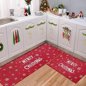 Kitchen Rugs and Mats Washable Non-Skid Kitchen Mats Christmas Decorative Runner Rugs Xmas Throw Floor Mats Runner for Kitchen Laundry Sink, 17"x29"+17"x47"