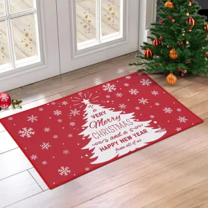 Christmas Doormat Xmas Holiday Decorative Christmas Tree and Snowflake Pattern Welcome Mat for Home Decoration Non Slip Door Mat Outdoor Indoor Entrance Floor Mat, Red, 17x29 Inch