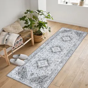 Washable Area Rug 5x7 Bohemian Rug Vintage Oriental Rug Living Room Rug Non-Slip Boho Bedroom Throw Mat,Grey Floral Printed Non-Shedding Carpet for Dining Room Dorm,5x7