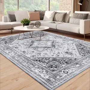 Washable Area Rug 8x10 Large Bohemian Rugs Oriental Rug Medallion Rug Non-Slip Stain-Resistant Rug, Grey Floral Pattern Vintage Rug for Living Room Bedroom Home Office,8x10