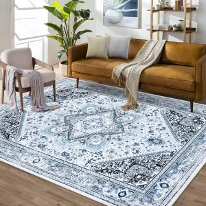 Washable Boho Area Rug 4x6 Oriental Medallion Rugs Bedroom Living Room Indoor Rugs Soft Oriental Vintage Rugs Non-Slip Backing Stain-Resistant Non-Shedding Rug for Farmhouse,4x6 Blue