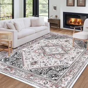 Bohemian Washable Area Rug 5x7 Oriental Rug Medallion Rugs Vintage Living Room Rug,Large Rug Non-Slip Bohemian Printed Non-Shedding Carpet for Dining Room Dorm,Pink 5x7