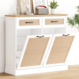 Rattan Double Tilt Out Trash Cabinet, Hidden Trash Can Cabinet 20 Gallon Storage Holder, Freestanding Garbage Can Cabinet for Kitchen&Dining Room, Dual Doors