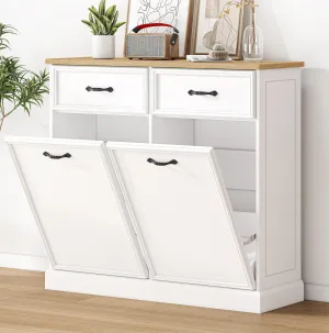 Double Tilt Out Trash Cabinet, Hidden Trash Can Cabinet 10 Gallon Storage Holder, Freestanding Garbage Can Cabinet for Kitchen Dining Living Room