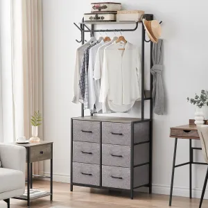Freestanding Clothing Rack with 6 Drawers, Steel Frame & Wooden Top, Adjustable Feet, Ideal for Bedrooms & Small Spaces