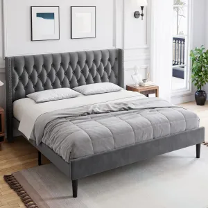 Full Size Bed Frame with Tufted Wingback Headboard, Wooden Slats, Noise-Free, Light Grey, Fits Standard Mattresses, Easy Assembly