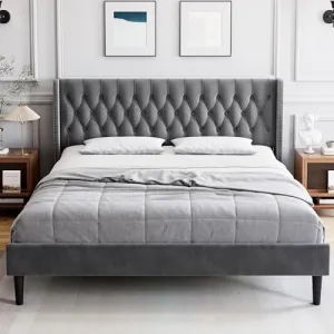 Queen Size Bed Frame, Modern Tufted Button Wingback Upholstered Headboard, Wooden Slats, Noise-Free, Light Grey, Easy Assembly