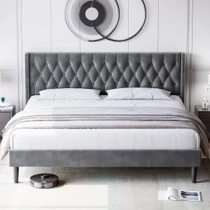 Queen Bed Frame, Upholstered Bed Frame with Velvet Headboard Wingback, Platform Bed Frame with Button Tufted Headboard, Strong Wood Slats Support, No Box Spring Needed, Easy Assembly, Gray