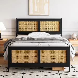 Twin Size Bed Frame with Rattan Headboard and Footboard, Black Rattan Platform Bed Frame, Mattress Foundation, Noise-Free, No Box Spring Needed, Easy Assembly
