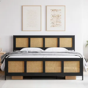 King Size Bed Frame with Rattan Headboard and Footboard, Black Rattan Platform Bed Frame, Mattress Foundation, Noise-Free, No Box Spring Needed, Easy Assembly