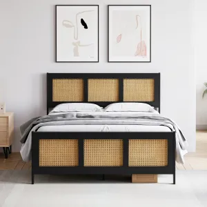 Queen Size Bed Frame with Rattan Headboard and Footboard, Black Rattan Platform Bed Frame, Mattress Foundation, Noise-Free, No Box Spring Needed, Easy Assembly