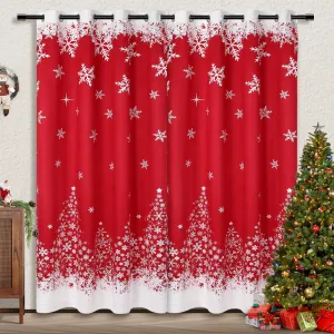 Merry Christmas Window Curtains 52Wx84L inch, White Snowflakes Christmas Red Velvet Curtains Set of 2 Panels for Bedroom Living Room Kitchen Decor