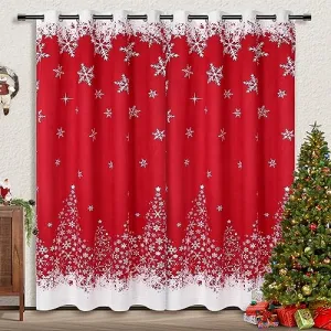 Merry Christmas Window Curtains 52Wx95L inch, White Snowflakes Christmas Red Velvet Curtains Set of 2 Panels for Bedroom Living Room Kitchen Decor