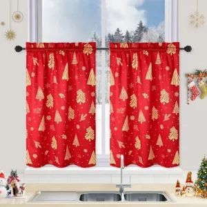 Christmas Kitchen Curtains for Windows, Velvet Short Curtains, Christmas Decoration Cafe Curtains, Thermal Insulated Room Darkening Curtain (Red, 52" W x 30" L, Set of 2