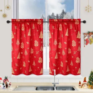 Christmas Kitchen Curtains for Windows, Velvet Short Curtains, Christmas Decoration Cafe Curtains, Thermal Insulated Room Darkening Curtain (Red, 52" W x 36" L, Set of 2