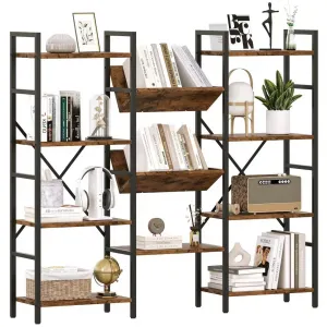 Triple 4 Tier Bookshelf, 11 Open Display Shelves, Industrial Wide Book Shelf, Metal Frame, MDF Boards, Anti-Tilt Brackets, Adjustable Levelers, Living Room, Home Office