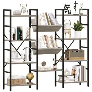 Triple Wide 4 Tier Bookshelf + Industrial Large Bookshelves + Metal Frame + Open Display Shelves + MDF Board + Anti-Tilt Brackets + Living Room, Bedroom, Home Office