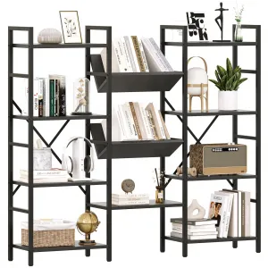 Triple Wide 4 Tier Bookshelf + Industrial Style + Large Storage + Metal Frame + MDF Board + Anti-Tilt Brackets + Living Room, Bedroom, Home Office