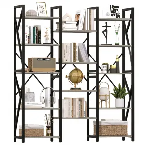Triple Wide 5 Tier Book Shelf, Industrial Large Bookshelves, Metal Frame, MDF Board, Retro & Industrial Style, 70.8” x 58.6” x 11.8”, Living Room, Bedroom, Home Office